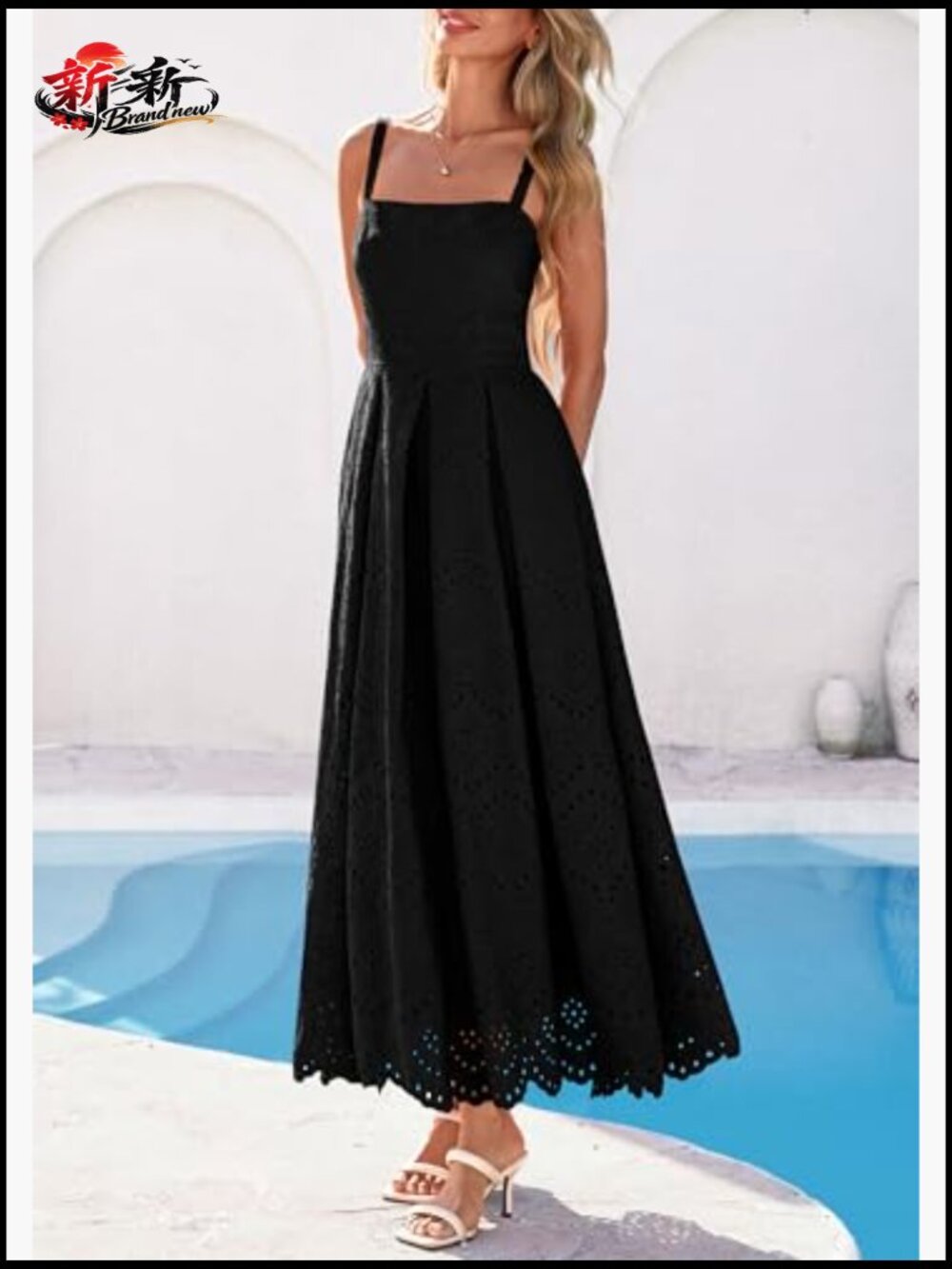 Sleeveless Maxi Dress with Eyelet Square Neck Ruffle Beach Sundress - Picture 3 of 7
